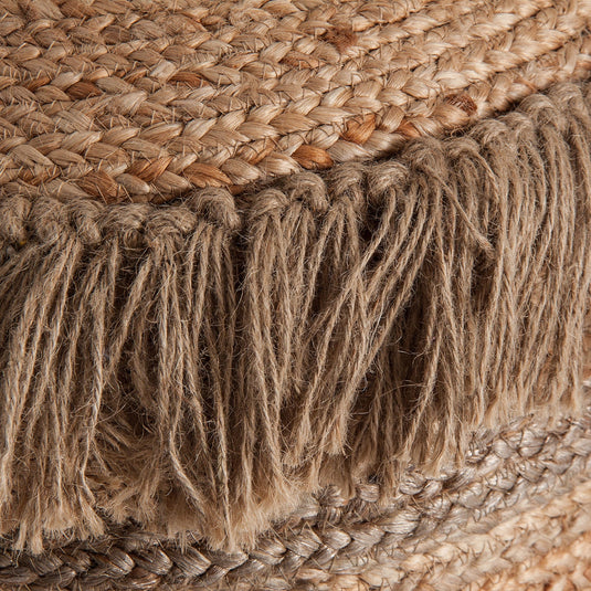Vicalhome Boho style home decor pouf with textured woven design and fringe detailing