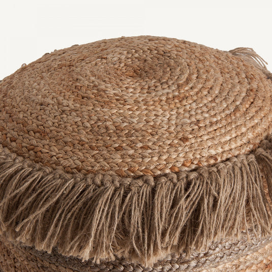 Vicalhome boho style home decor pouf made from natural fibers with decorative fringe detailing