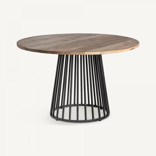 Vicalhome industrial style dining table with a round wooden top and black metal base for modern dining spaces