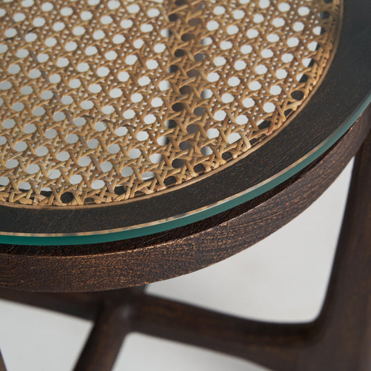 Vicalhome modern glass top table with rattan design and dark wood legs for stylish decor