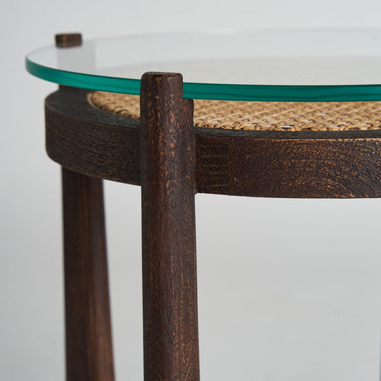 Vicalhome modern glass top table with wooden base and woven details for stylish living spaces
