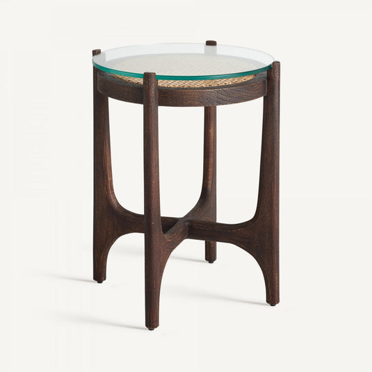 Vicalhome modern glass top table with a dark wood base and a stylish round design